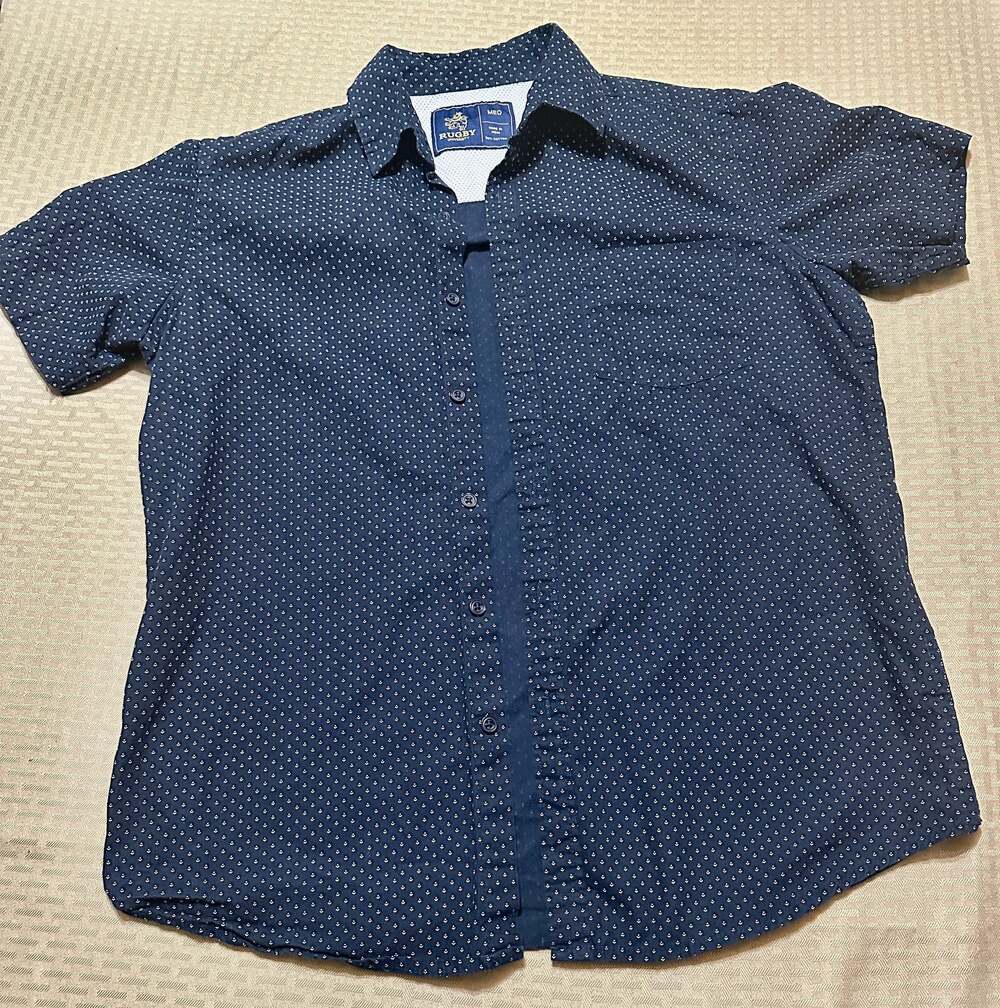 Rugby University Men's Navy Blue Microdot Print Short Sleeve Button Down Shirt
